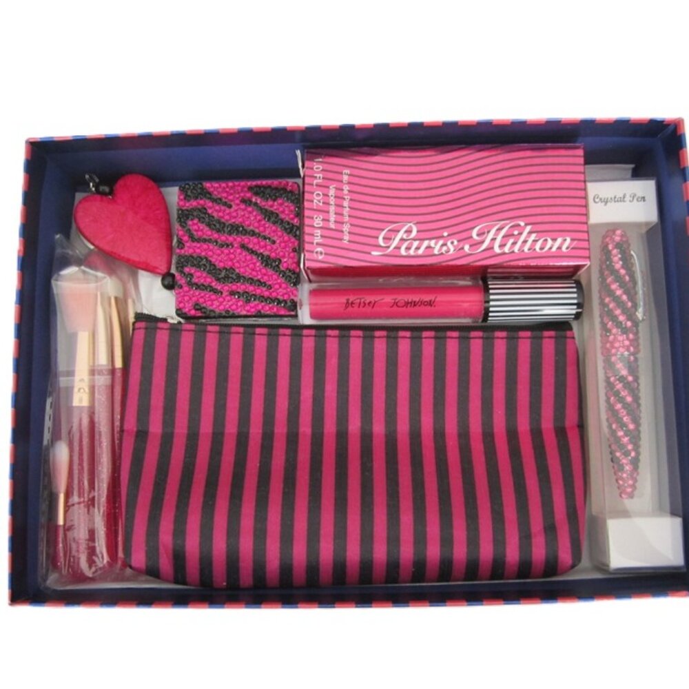 Cosmetic Bag Gift Set Pink Zebra Paris Hilton Scent & Betsey Johnson Lip Stick